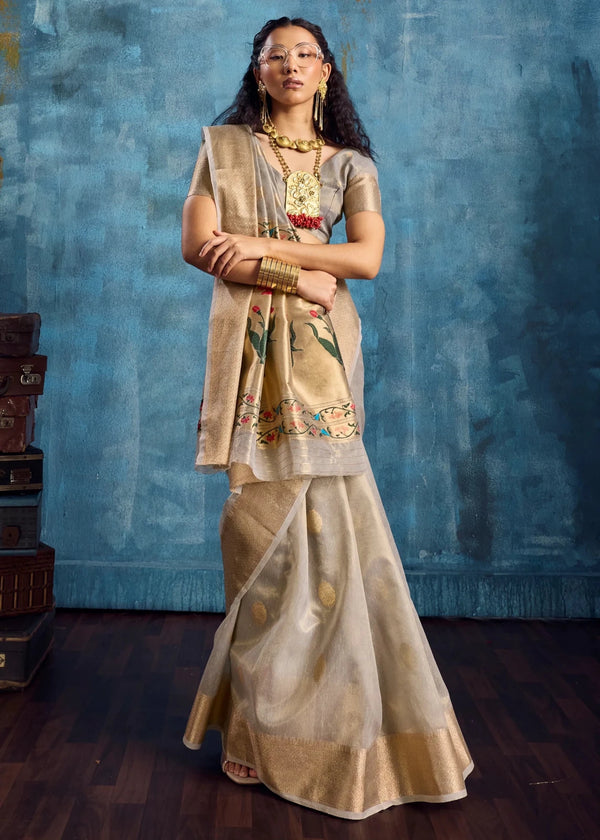 Silver Grey Paithani Tissue Silk Saree