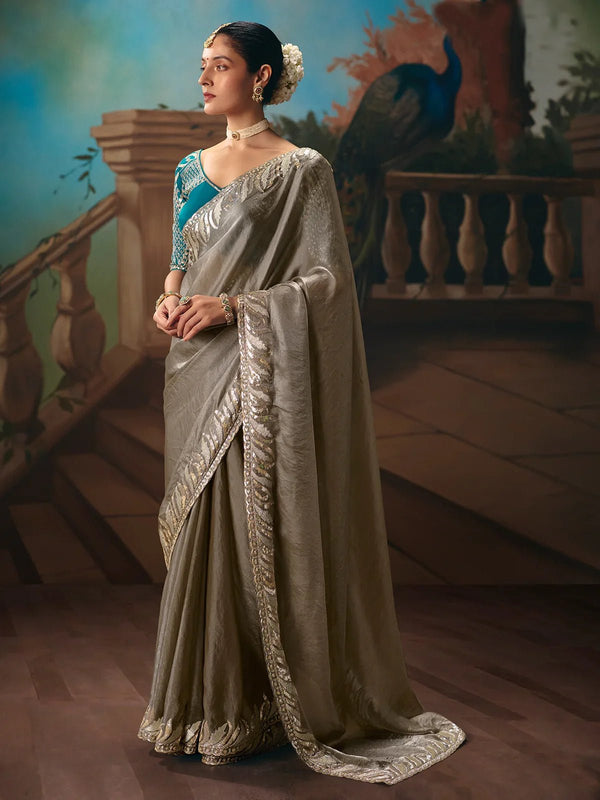 Silver Grey Tissue Silk Saree with Teal Contrast Blouse