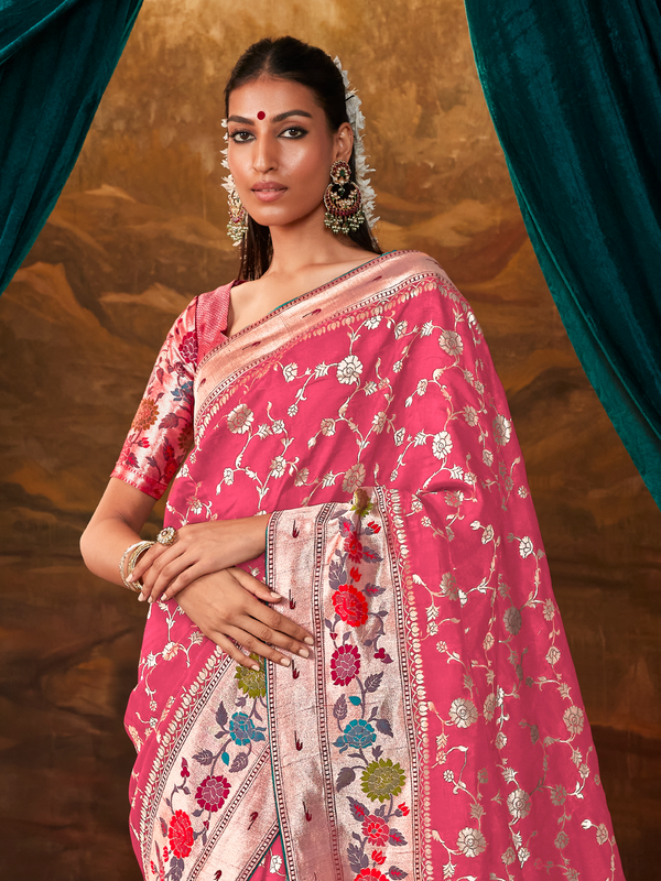Rani Pink Banarasi Organza Silk Saree
