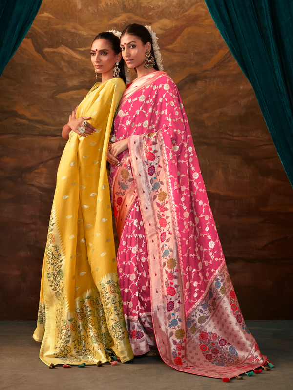 Golden Yellow Banarasi Organza Silk Saree