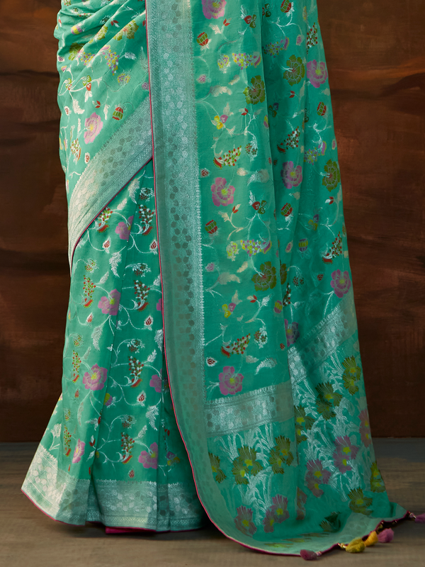 Sea Green Banarasi Organza Silk Saree With Contrast Blouse
