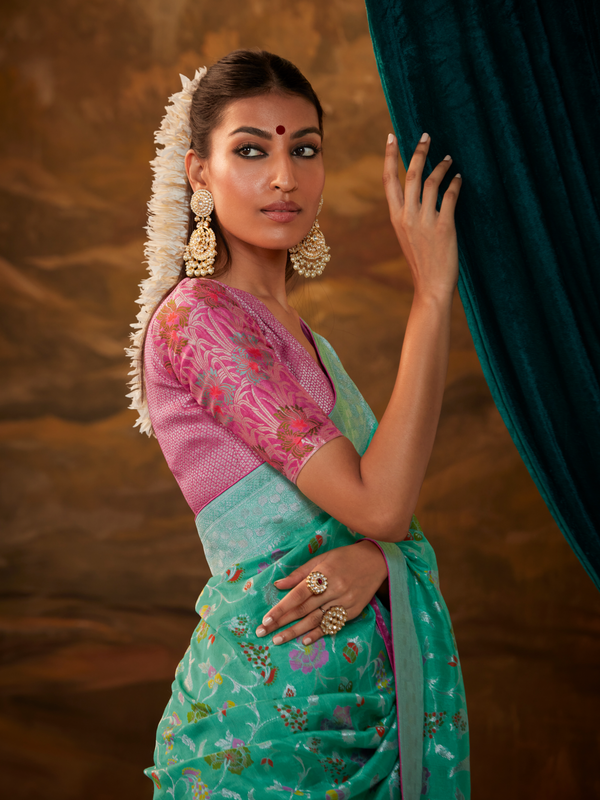Sea Green Banarasi Organza Silk Saree With Contrast Blouse