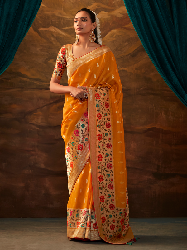 Saffron Orange Banarasi Organza Silk Saree