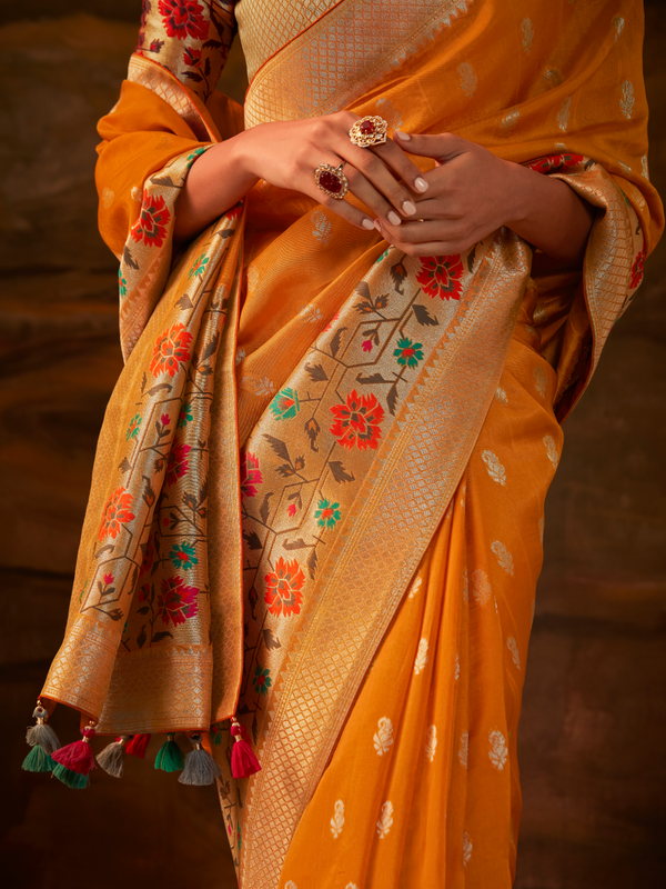 Saffron Orange Banarasi Organza Silk Saree