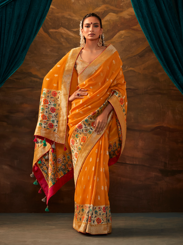 Saffron Orange Banarasi Organza Silk Saree