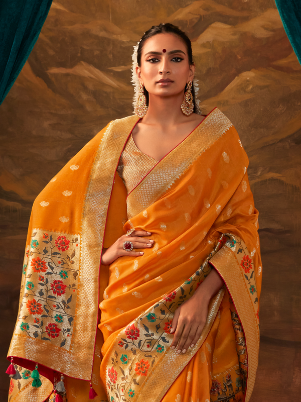 Saffron Orange Banarasi Organza Silk Saree