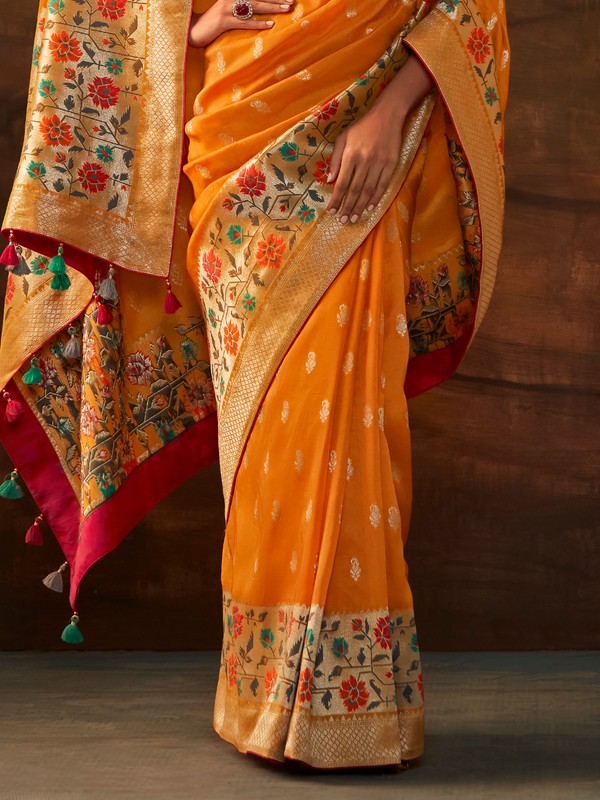 Saffron Orange Banarasi Organza Silk Saree