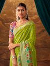 Lime Green Banarasi Organza Silk Saree With Contrast Blouse