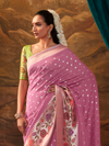 Baby Pink Banarasi Organza Silk Saree With Contrast Blouse