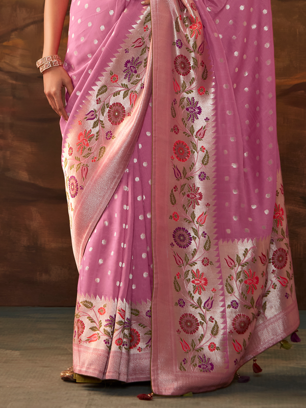 Baby Pink Banarasi Organza Silk Saree With Contrast Blouse