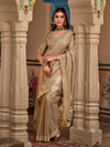 Beige Gold Embroidered Designer Tissue Silk Saree