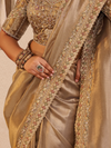 Beige Gold Embroidered Designer Tissue Silk Saree