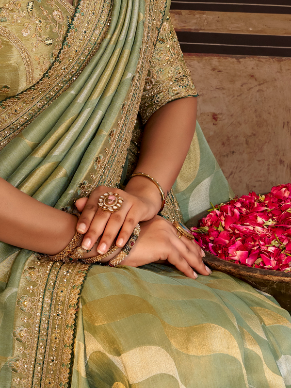 Pista Green Embroidered Designer Tissue Silk Saree