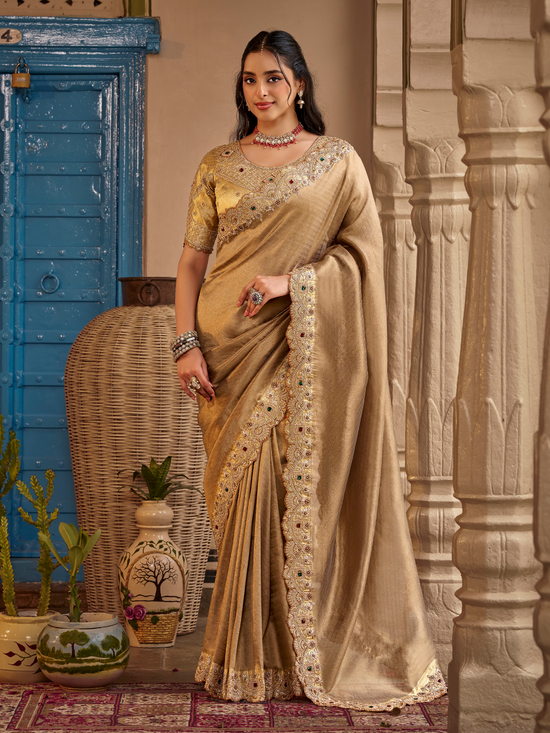 Antique Gold Embroidered Designer Tissue Silk Saree