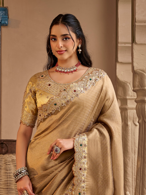 Antique Gold Embroidered Designer Tissue Silk Saree