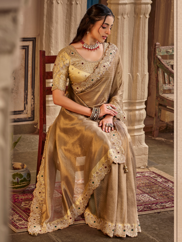 Antique Gold Embroidered Designer Tissue Silk Saree