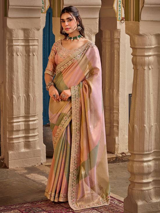 Peach Pink Embroidered Designer Tissue Silk Saree