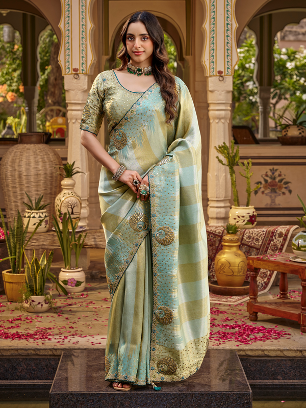Pista Green Embroidered Designer Tissue Silk Saree