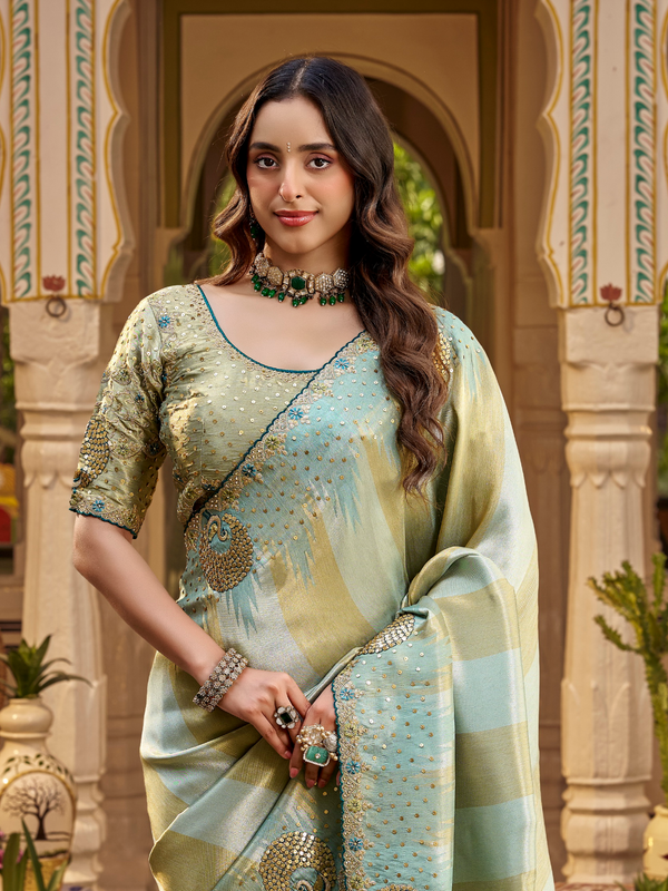 Pista Green Embroidered Designer Tissue Silk Saree
