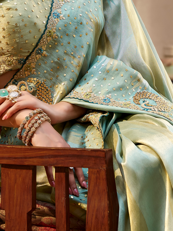 Pista Green Embroidered Designer Tissue Silk Saree