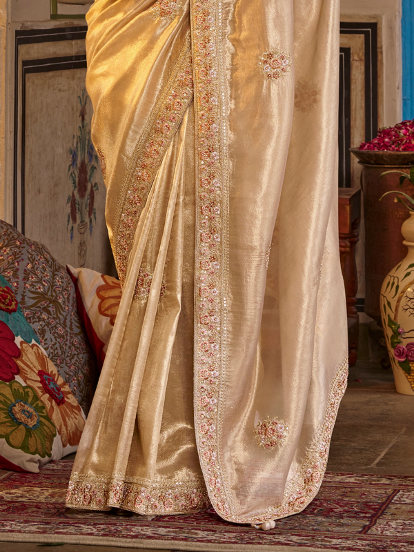 Light Gold Embroidered Designer Tissue Silk Saree