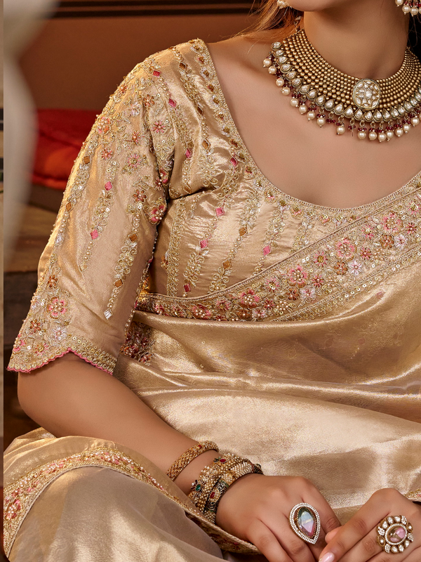 Light Gold Embroidered Designer Tissue Silk Saree