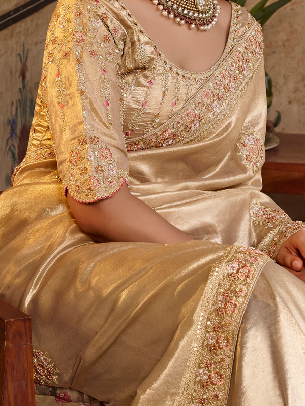 Light Gold Embroidered Designer Tissue Silk Saree