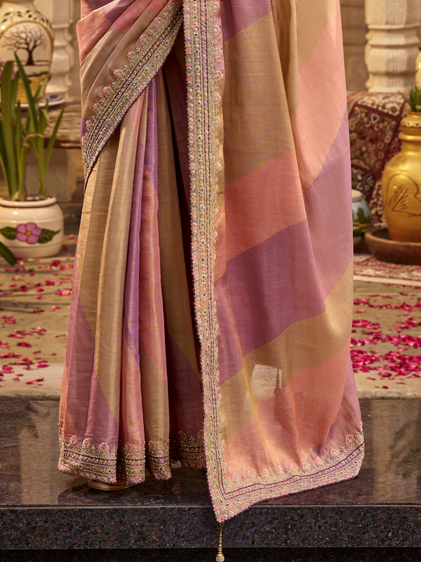 Dusty Pink Embroidered Designer Tissue Silk Saree