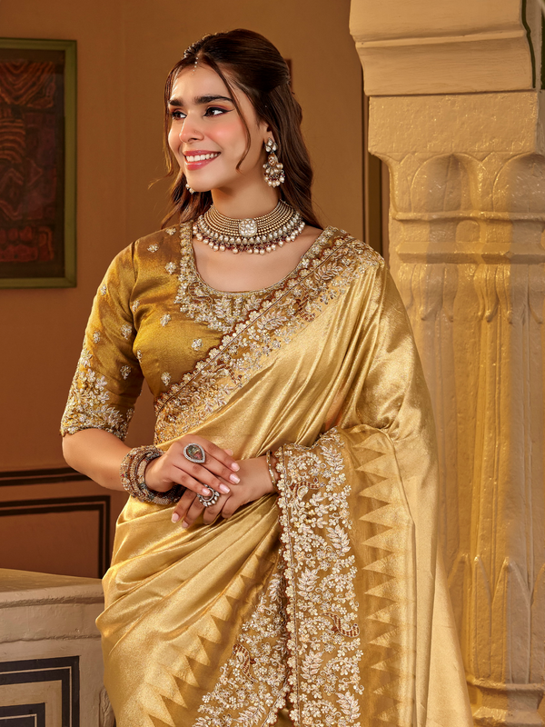 Gold Embroidered Designer Tissue Silk Saree