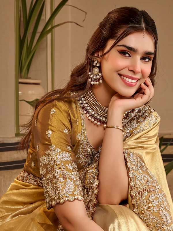 Gold Embroidered Designer Tissue Silk Saree
