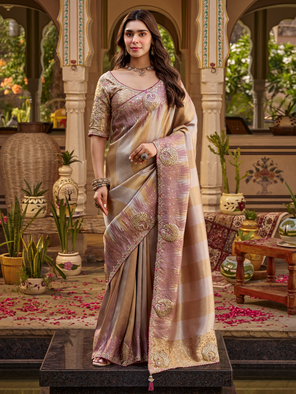 Mauve Pink Embroidered Designer Tissue Silk Saree
