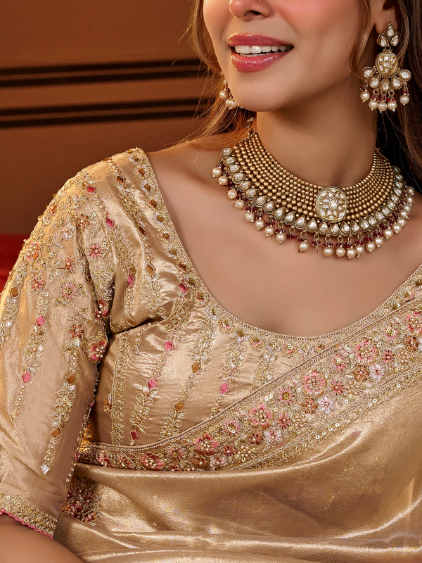 Ivory Cream Embroidered Designer Tissue Silk Saree