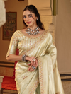 Ivory Cream Embroidered Designer Tissue Silk Saree