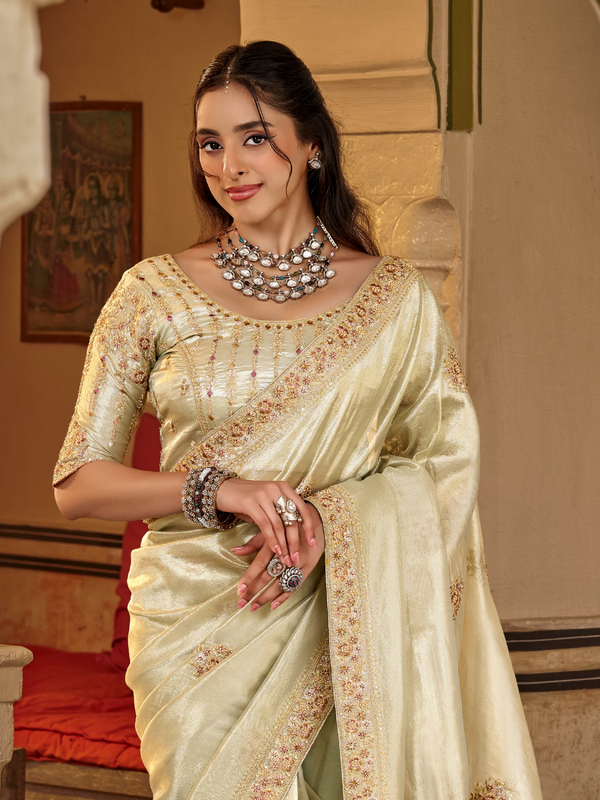 Ivory Cream Embroidered Designer Tissue Silk Saree