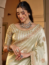 Ivory Cream Embroidered Designer Tissue Silk Saree