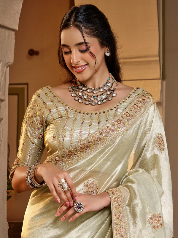 Ivory Cream Embroidered Designer Tissue Silk Saree