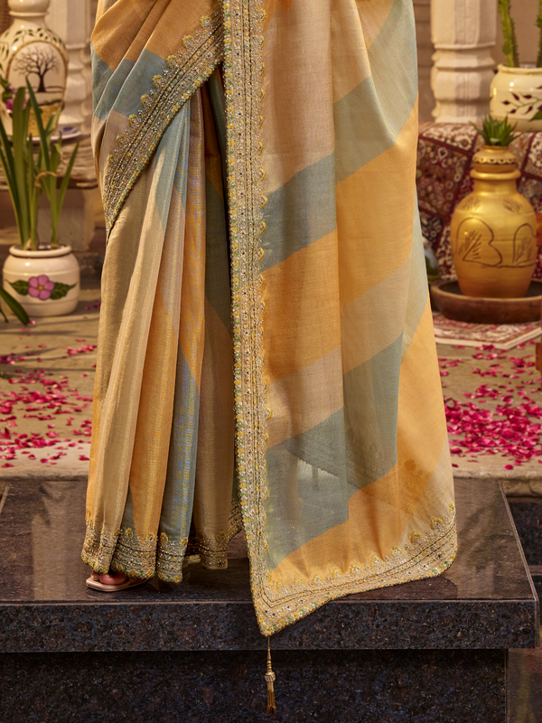 Mustard Gold Embroidered Designer Tissue Silk Saree