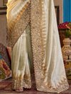 Ivory White Embroidered Designer Tissue Silk Saree