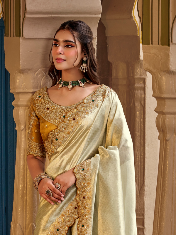 Ivory Cream Embroidered Designer Tissue Silk Saree