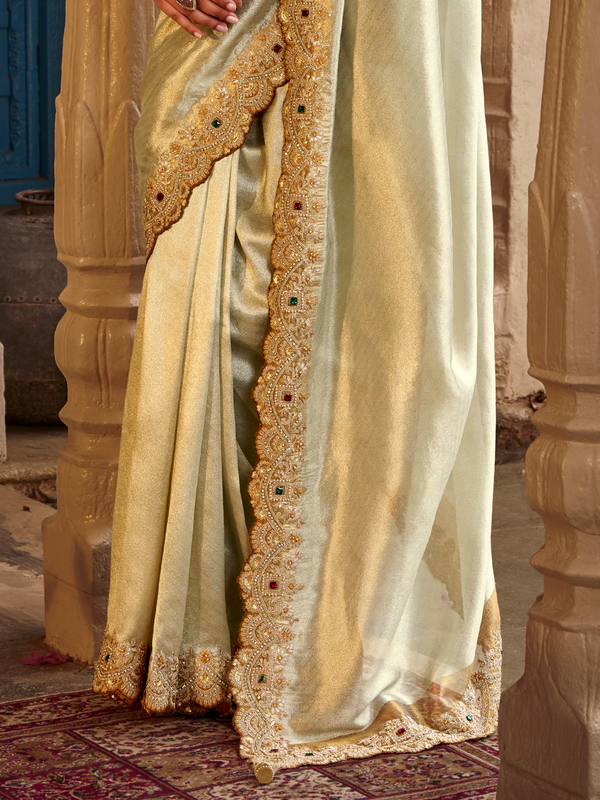 Ivory Cream Embroidered Designer Tissue Silk Saree