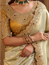 Ivory Cream Embroidered Designer Tissue Silk Saree