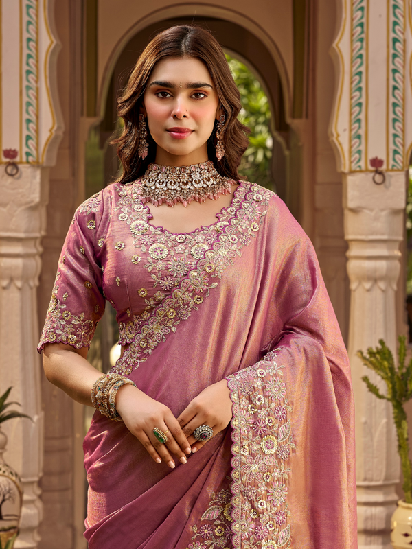 Dusty Rose Pink Embroidered Designer Tissue Silk Saree