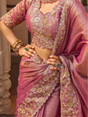 Dusty Rose Pink Embroidered Designer Tissue Silk Saree