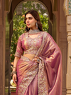 Dusty Rose Pink Embroidered Designer Tissue Silk Saree