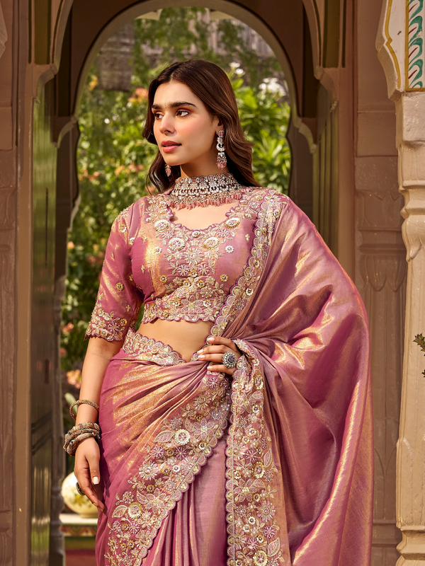 Dusty Rose Pink Embroidered Designer Tissue Silk Saree