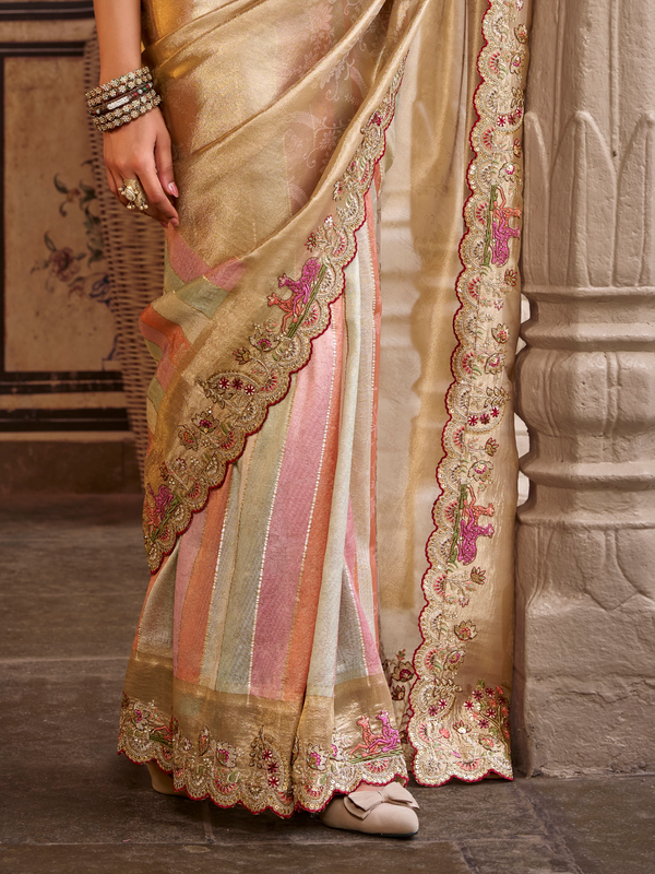 Champagne Gold Embroidered Designer Tissue Silk Saree