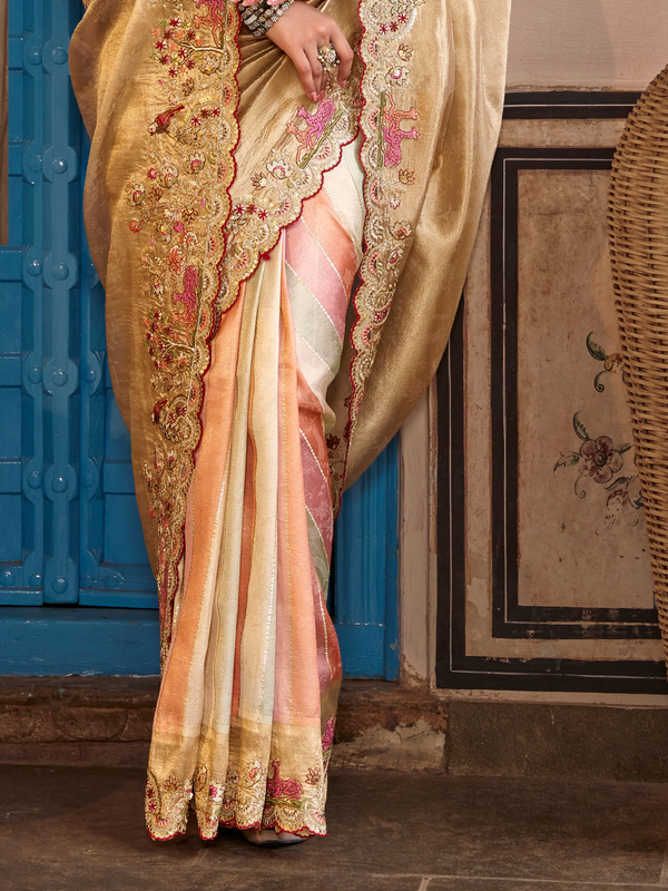 Champagne Gold Embroidered Designer Tissue Silk Saree
