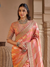 Peach Orange Embroidered Designer Tissue Silk Saree