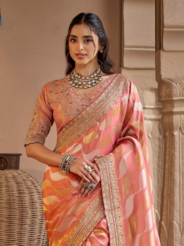 Peach Orange Embroidered Designer Tissue Silk Saree