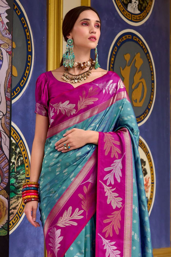 Sky Blue and Magenta Pink Banarasi Soft Silk Saree
